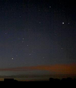 Jupiter shone in the constellation of Libra on 29th January 2006. Scorpius is to the lower left, dominated by its brightest star, the orange-red Antares. Other selected stars are also labelled (click for full-screen photo)