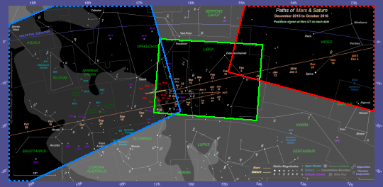 Chart showing the areas of the 2015-16 star chart which are covered by the photographs. Dashed lines indicate that the photograph extends beyond the boundary of the star chart